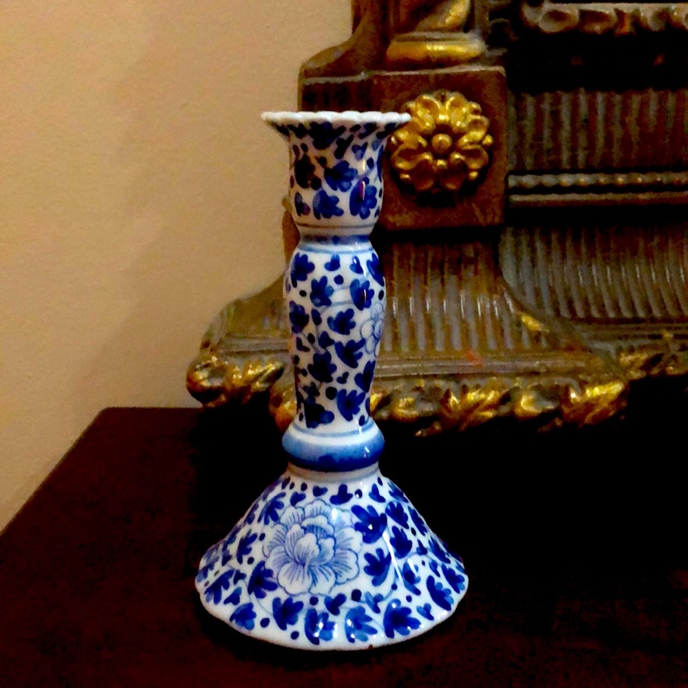 Vintage Candleholder Blue And Withe
